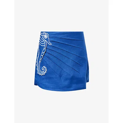 Farm Rio Womens Blue Seahorse Embroidered Linen Mini Skirt