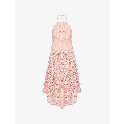 Farm Rio Womens Blush Pink Palm Tree Embroidered Cotton Midi Dress