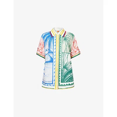 Farm Rio Womens Brasil Vintage Off-white Brasil Graphic-print Linen-blend Shirt In Multi