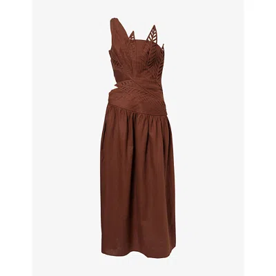 Farm Rio Womens Burgundy Leaves Cut-out Linen-blend Midi Dress