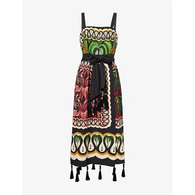 Farm Rio Womens Coconut Tree Flow Belted Linen-blend Midi Dress Xs