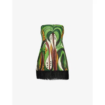 Farm Rio Womens Coconut Tree Flow Flow Fringe Strapless Linen Top