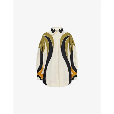 Farm Rio Womens Coconut Tree Flow Pleated Long-sleeve Panelled Cotton Blouse In Multicolor