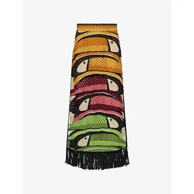 Farm Rio Womens Abstract Crochet Knitted Maxi Skirt Toucan Tree Green