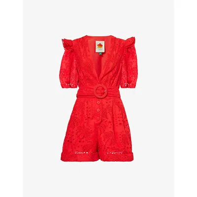 Farm Rio Womens Broderie Puff-sleeve Cotton Romper Playsuit Red Xs
