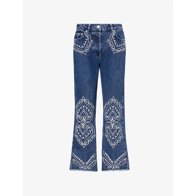 Farm Rio Womens  Cornely Embroidered Cropped Denim Jeans In Blue