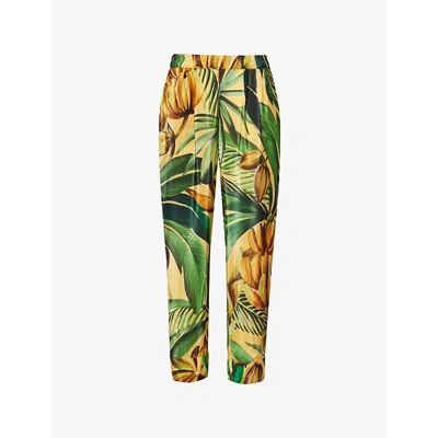 Farm Rio Womens Bananart Yellow Elasticated-waistband Printed Straight-leg Mid-rise Satin Trousers