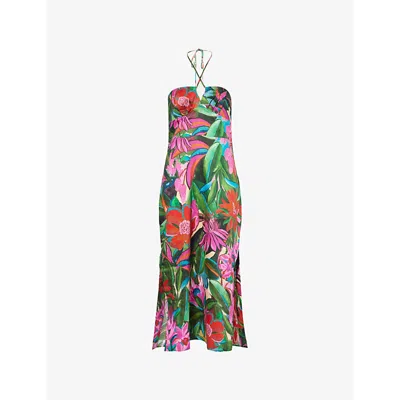 Farm Rio Womens Halterneck Printed Cotton Midi Dress Multicolour In Green/pink
