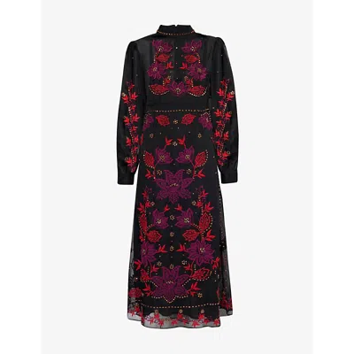 Farm Rio Womens Round-neck Floral-embroidered Woven Midi Dress Black
