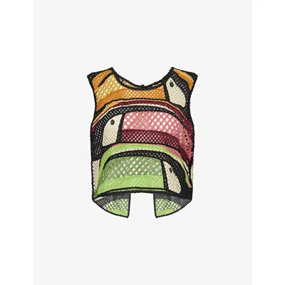 Farm Rio Womens Split-back Sleeveless Crochet Knitted Top Toucan Tree Green