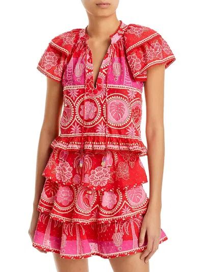 Farm Rio Womens Floral Print Cotton Blouse In Summer Sunrise Red