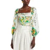 Farm Rio Papaya Salad Eyelet Puff Sleeve Cotton Crop Top In Brown