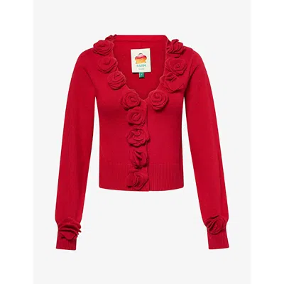 Farm Rio Womens Flower Embellished Knitted Cardigan Red