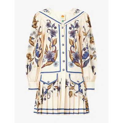 Farm Rio Womens Golden Nature Cream Floral-print Pleated Cotton Mini Dress Xs In Multi