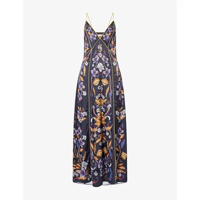 Farm Rio Womens Golden Nature Navy Blue Golden Nature V-neck Satin Maxi Dress In Multi