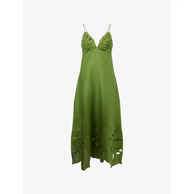 Farm Rio Womens  Monstera Embroidered Linen Midi Dress