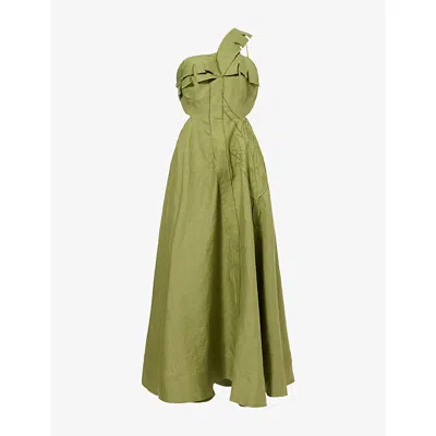 Farm Rio Womens Green Palm Tree One-shoulder Linen Maxi Dress