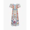 Farm Rio Midi Linen Dress With Multi-coloured Print In Lightness Cream