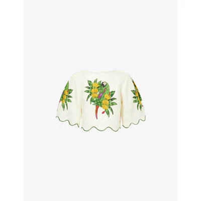 Farm Rio Womens Maracana Bird Pearl Cropped Linen Blouse Xs