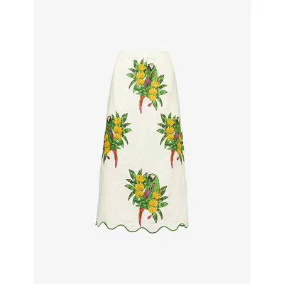 Farm Rio Womens Maracana Bird Pearl Graphic-pattern Scalloped Linen Midi Skirt Xs