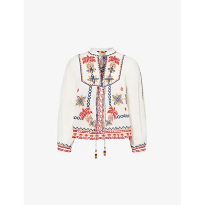 Farm Rio Womens Marys Tiles Embroidered Cotton-poplin Blouse Marys Tiles Off-white