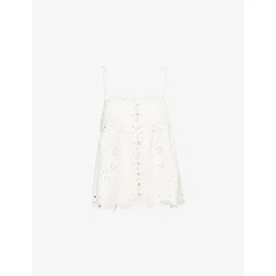 Farm Rio Womens Off-white Flowers Richelieu Embroidered Linen Top
