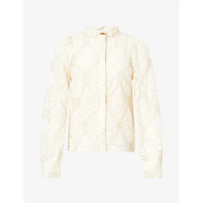 Farm Rio Womens Off-white Floral-embroidered Lace-trim Cotton-blend Blouse Xs