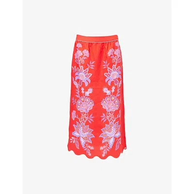 FARM RIO WOMENS FARM RIO PORCELAIN GARDEN SCALLOPED LINEN MIDI SKIRT