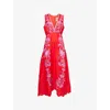 Farm Rio Womens Porcelain Garden Red Porcelain Garden V-neck Linen Midi Dress Xs In Red