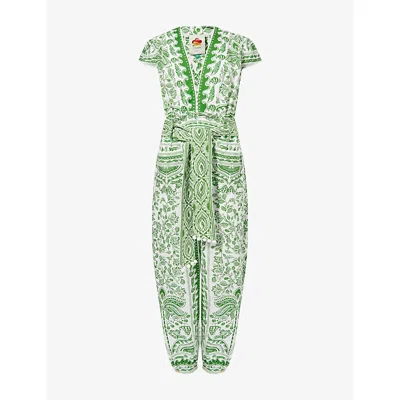 Farm Rio Womens  River Ride Belted Linen-blend Jumpsuit