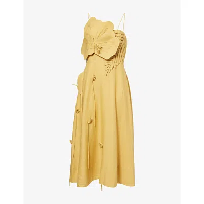 Farm Rio Womens Sand Garden Embellished Linen-blend Midi Dress