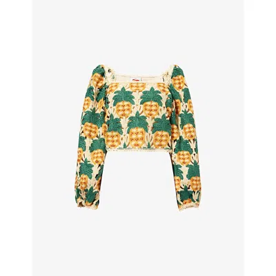 Farm Rio Womens  Pineapple Crochet Woven Top