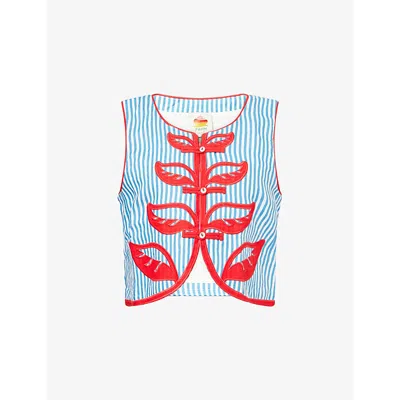 Farm Rio Womens Sky Stripes Blue Sky Stripes Embroidered Linen Top