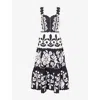 Farm Rio Womens Black And White Summer Cutwork Cotton-poplin Midi Dress
