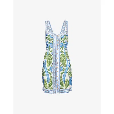 Farm Rio Womens Tropicance Off-white Tropicance Shoulder-straps Linen Mini Dress In Blue