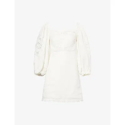 Farm Rio Womens White Embroidered Balloon-sleeves Linen Mini Dress