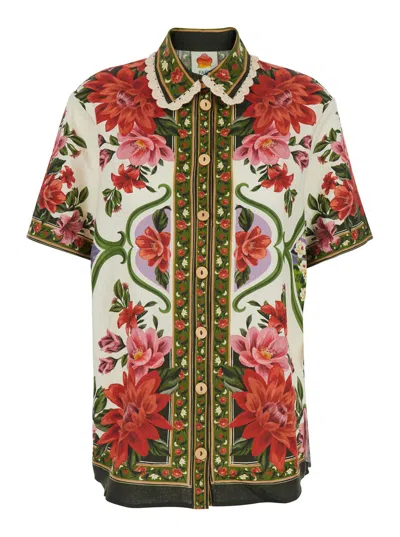 Farm Rio Wonder Multicolor Shirt With Lace Embroidered Classic Collar And All-over Floral Motif In Linen Blen