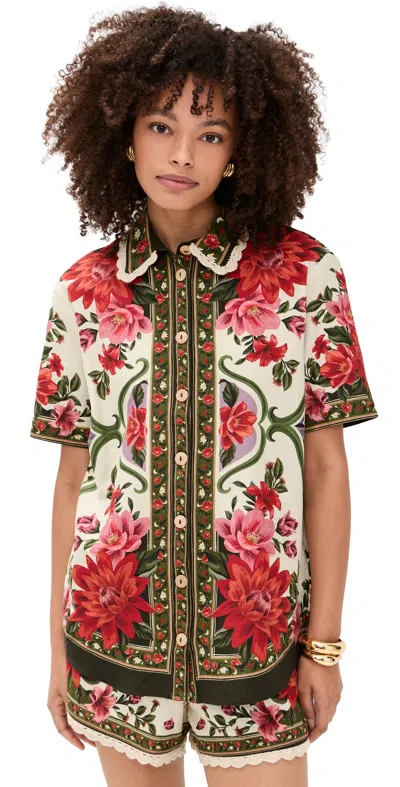 Farm Rio Wonder Multicolor Shirt With Lace Embroidered Classic Collar And All-over Floral Motif In Linen Blen