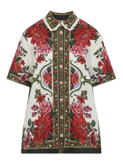 Farm Rio Wonder Multicolor Shirt With Lace Embroidered Classic Collar And All-over Floral Motif In Linen Blen
