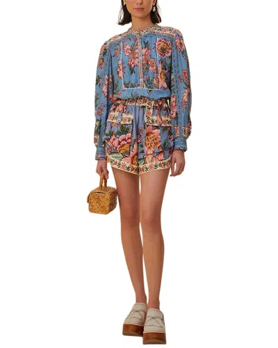 Farm Rio Wonderful Bouquet Blue Long Sleeve Blouse In Multi