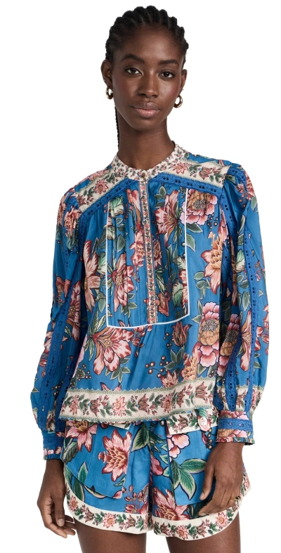 Farm Rio Wonderful Bouquet Blue Long Sleeve Blouse Wonderful Bouquet Blue