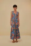 Farm Rio Wonderful Bouquet Blue Sleeveless Maxi Dress In Blue