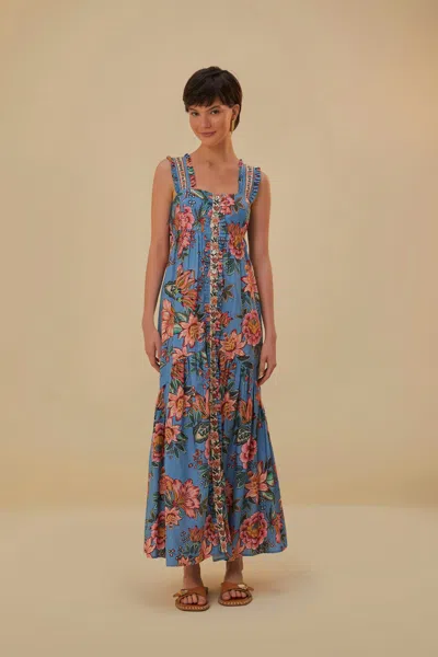 Farm Rio Wonderful Bouquet Blue Sleeveless Maxi Dress