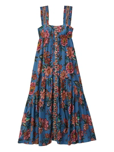 FARM RIO WONDERFUL BOUQUET FLORAL RUFFLED MAXI DRESS