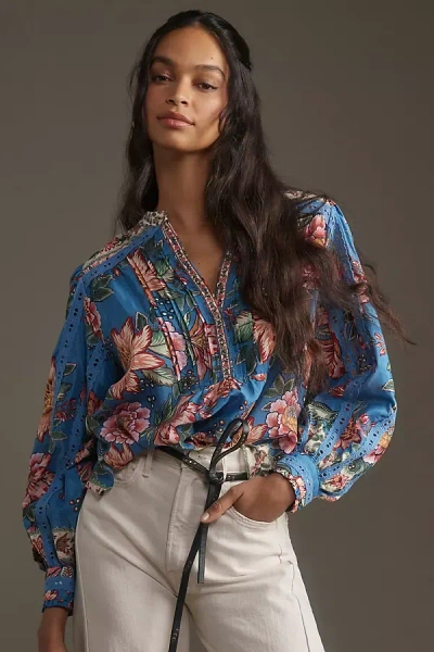 Farm Rio Wonderful Bouquet Long-sleeve Blouse In Blue