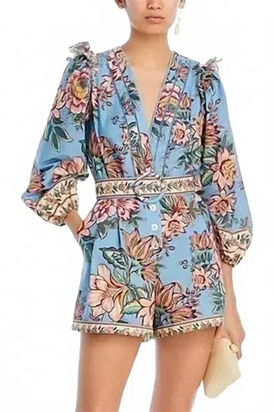 Farm Rio Wonderful Bouquet Romper In Blue In Multi