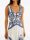 Farm Rio Fitted Linen Long Dress With Wonderful City Print And Striped Shoulder Straps In White