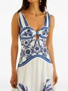 Farm Rio Fitted Linen Long Dress With Wonderful City Print And Striped Shoulder Straps In White