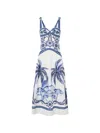 Farm Rio Fitted Linen Long Dress With Wonderful City Print And Striped Shoulder Straps In White