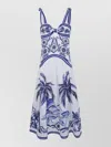 Farm Rio Fitted Linen Long Dress With Wonderful City Print And Striped Shoulder Straps In White